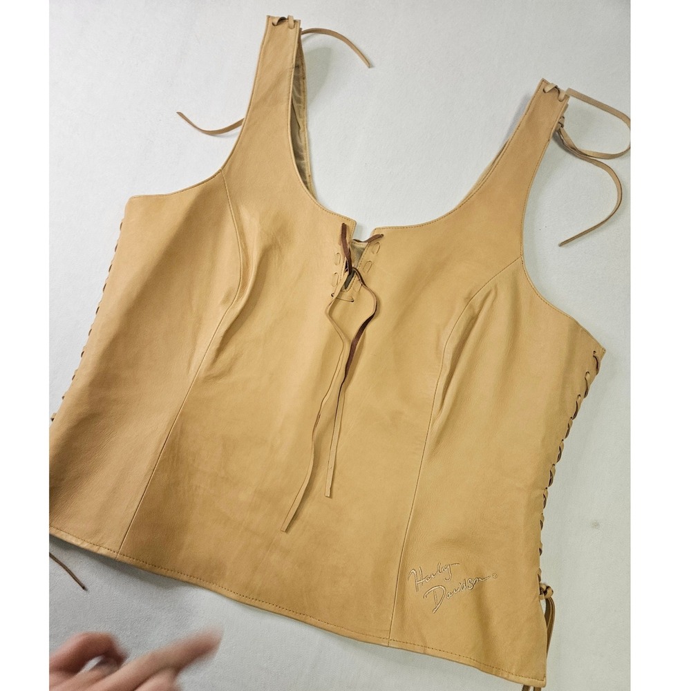 Harley Davidson Leather Vest Pants Set Womens XL Tan Lace Up Biker Western Flare - Picture 3 of 16